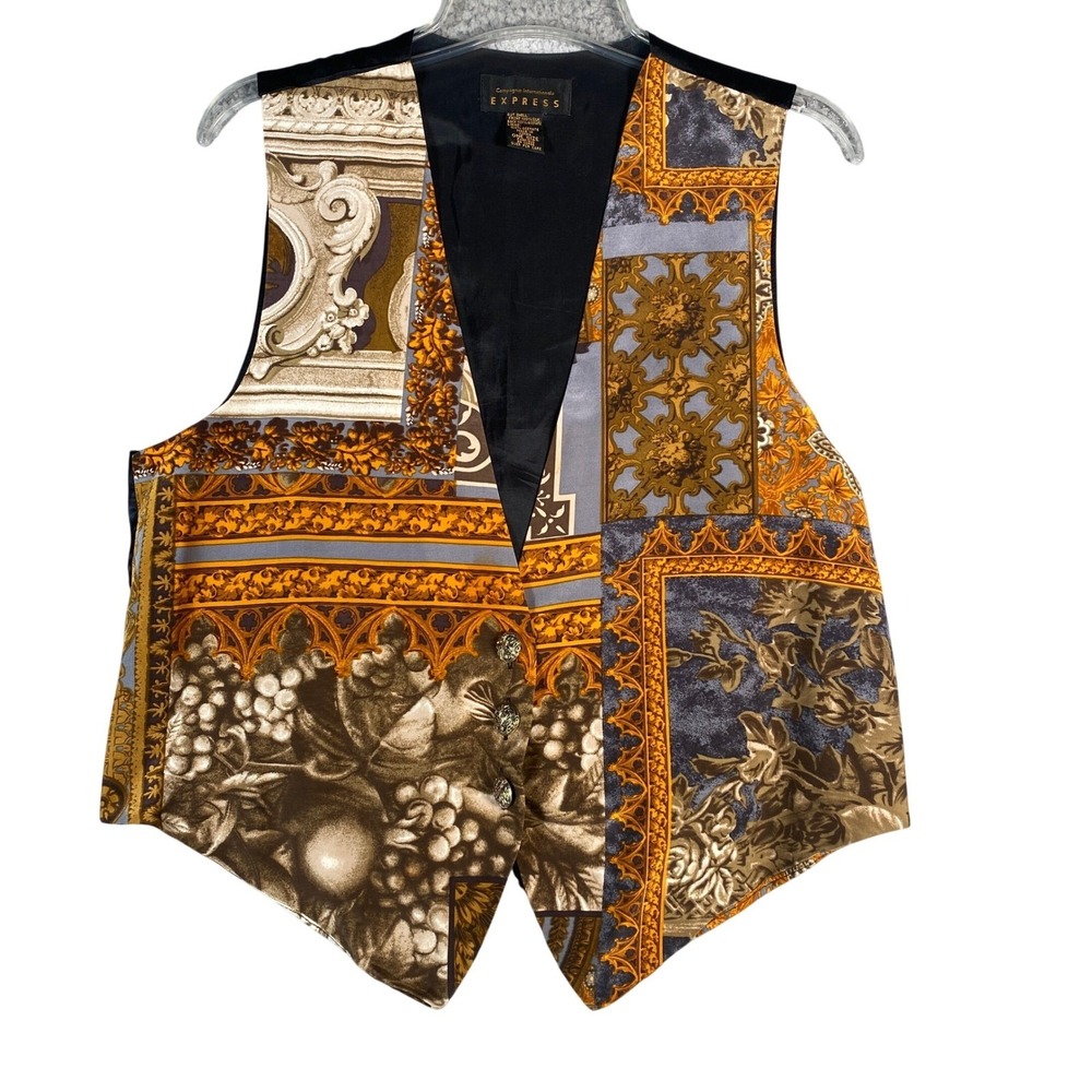 Express International Vest Women One Size Patterned Silk Blend Black Lining